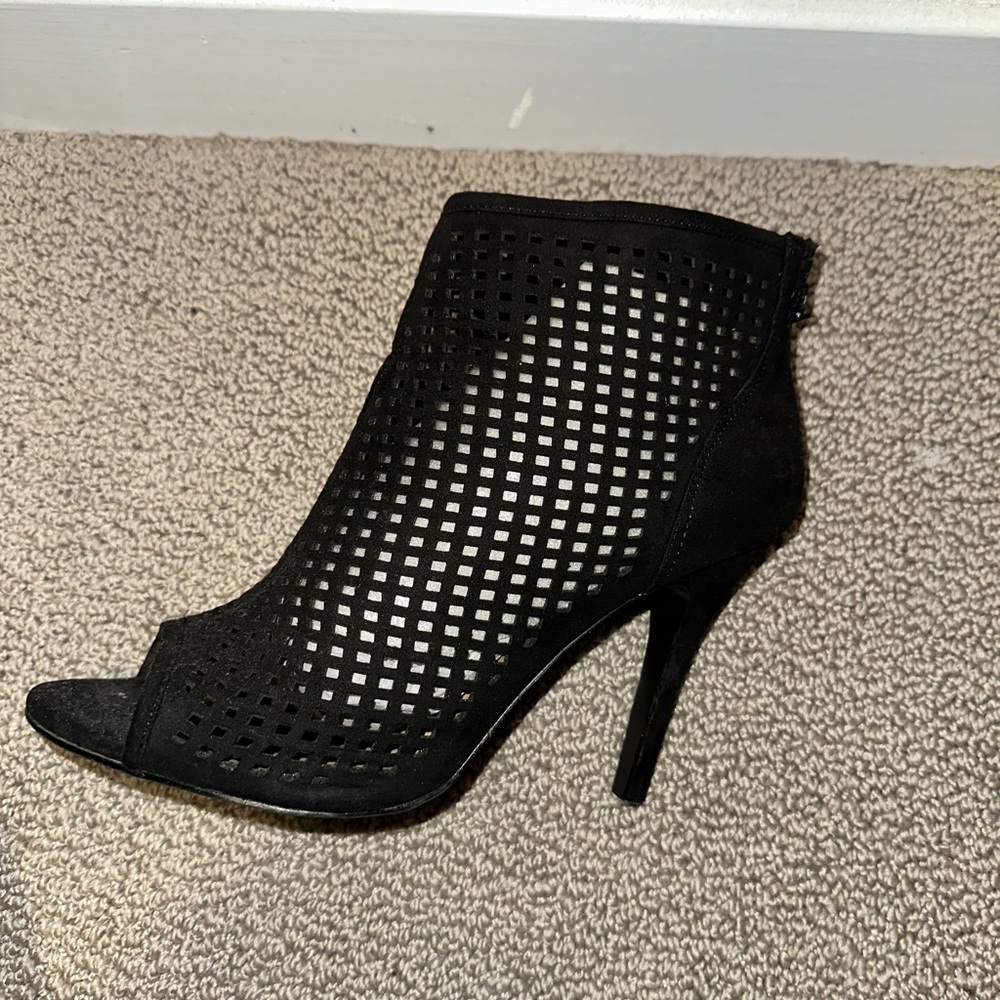 Black laser cut open toe booties
